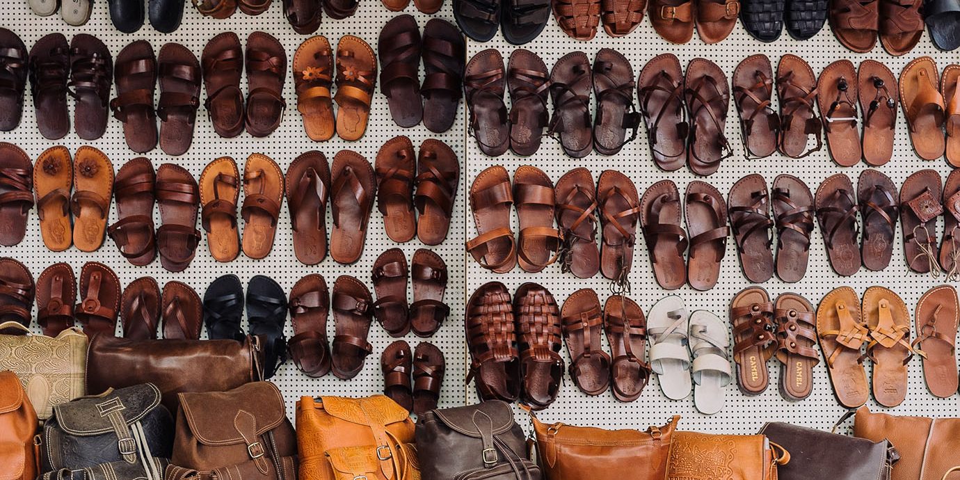 Wall of leather sandals