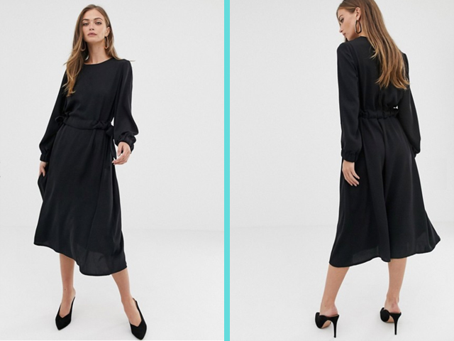 ASOS DESIGN ruched waist chuck on midi dress with long sleeves