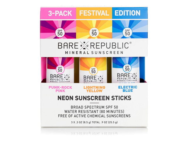Bare Republic Mineral SPF 50 Neon Color Stick 3-Pack, Festival Sunscreen