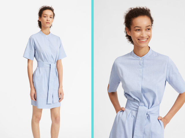 everlane cotton collarless belted shirt dress