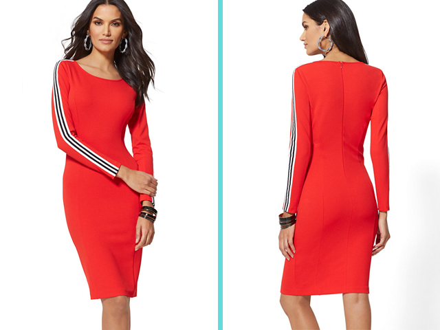 New York & Company 7TH AVENUE - RED SIDE-STRIPE SHEATH DRESS