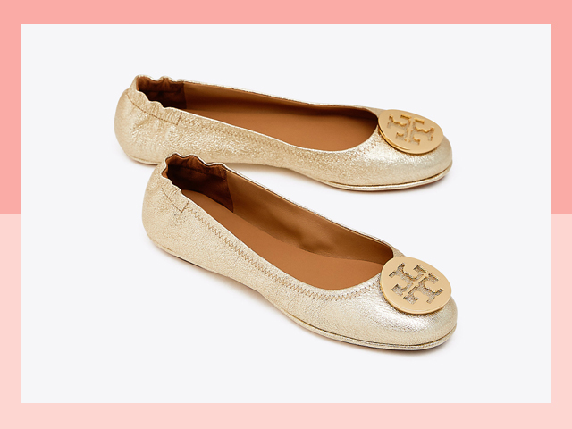 Tory Burch Women's MINNIE TRAVEL BALLET FLAT, METALLIC LEATHER