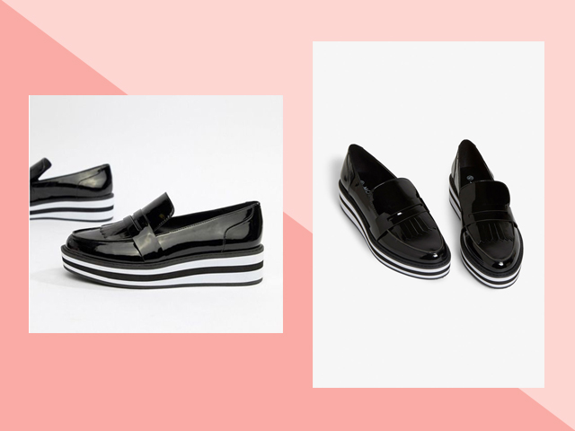 Travel Heels ASOS Monki stripe platform loafer in patent black