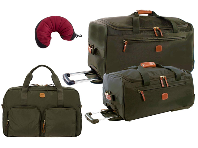 Bric's X-Travel 4 Piece Set | 21" and 28" Rolling Duffle, 18" Boarding Duffle, Travel Pillow (Olive)