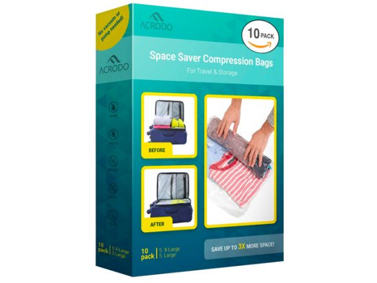 Acrodo Space Saver Travel Bags for Clothes - 10-pack for Compression Packing Organizer & Storage - No Vacuum Rolling Bag for Clothing