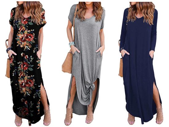 grecerelle women's casual loose pocket long dress short sleeve split maxi dresses