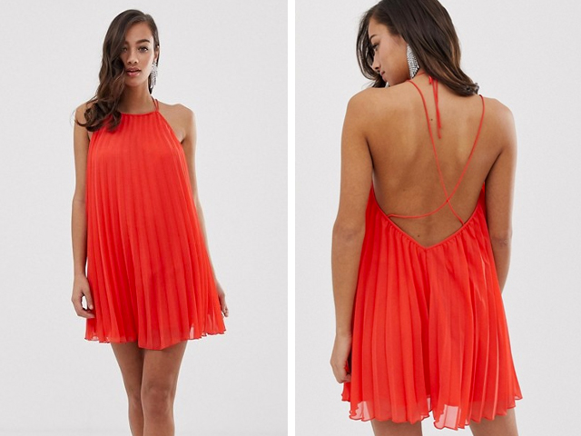 ASOS DESIGN pleated mini trapeze dress with lace up back detail.