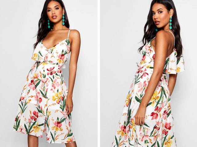 boohoo Tasha Floral Ruffle Open Back Midi Skater Dress.