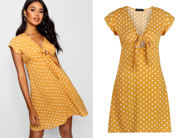 boohoo Woven Polka Dot Tie Detail Shift Dress.