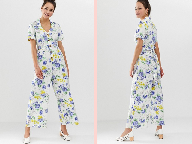 ASOS DESIGN vintage floral print button front collar jumpsuit.