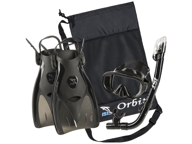 IST Orbit Snorkeling Gear Set: Tempered Glass Mask, Dry Top Snorkel & Trek Fins.