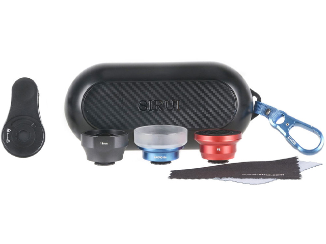 Sirui 3-Lens Mobile Phone Kit (Black Wide-Angle, Red Fisheye, and Blue Macro).