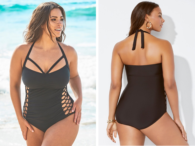 ASHLEY GRAHAM X SWIMSUITS FOR ALL BOSS BLACK CUT OUT UNDERWIRE ONE PIECE SWIMSUIT.