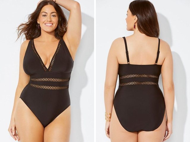 Black Lattice Plunge One-Piece Swimsuit.