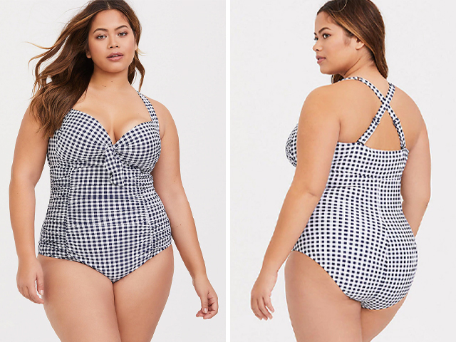 Torrid BLUE GINGHAM RUCHED ONE-PIECE SWIMSUIT.