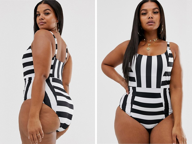 Wolf & Whistle Curve Exclusive Eco stripe swimsuit in black & white.