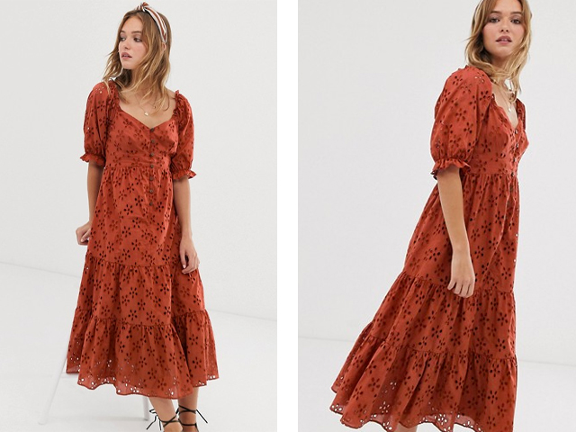 ASOS DESIGN button through tiered midi broderie dress.