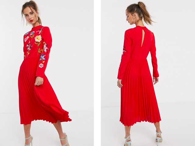 ASOS DESIGN pleated embroidered midi dress.