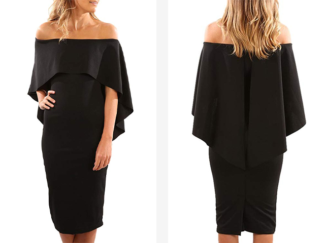 AlvaQ Women Luxurious Off Shoulder Batwing Cape Midi Dress.