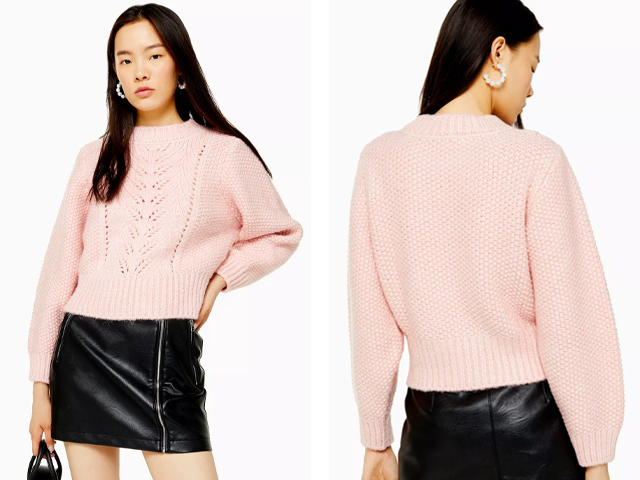 Topsho Pink Knitted Pointelle Crop Jumper.
