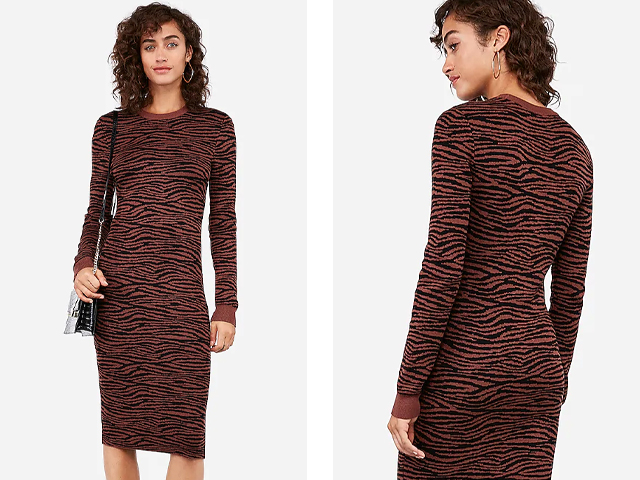 Express Negin Mirsalehi Fitted Tiger Print Midi Sweater Dress.