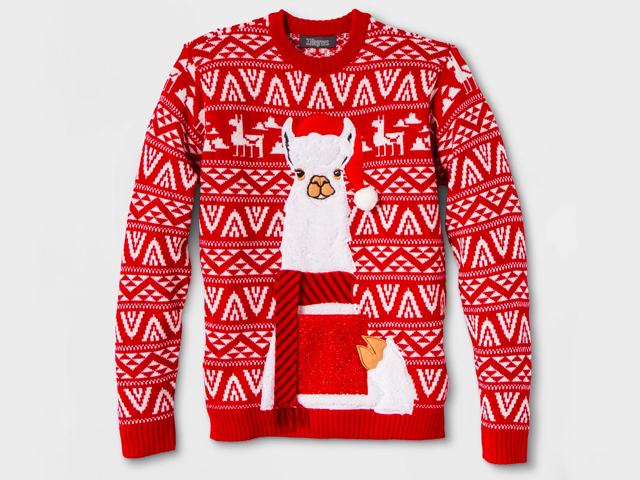 Men's Ugly Christmas Llama Drink Pocket Sweater - Red.