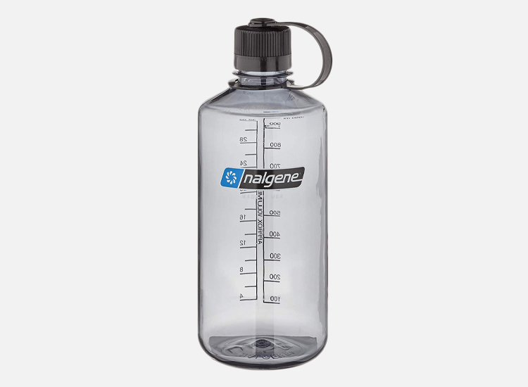 Nalgene Translucent Narrow Mouth Bottle with Gray Lid.