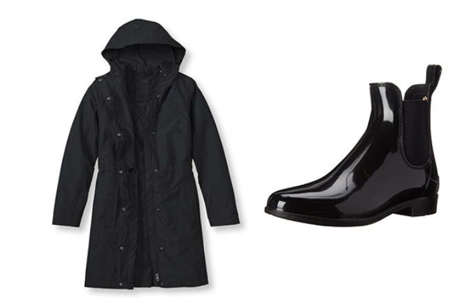 Rain jacket and waterproof ankle boots.