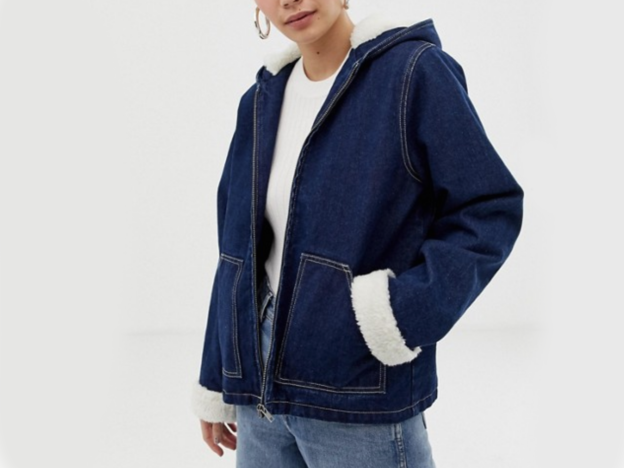 ASOS DESIGN denim jacket with hood with fleece lining