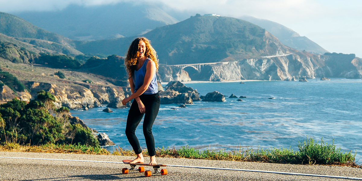 Girl on skateboard in leggings in California