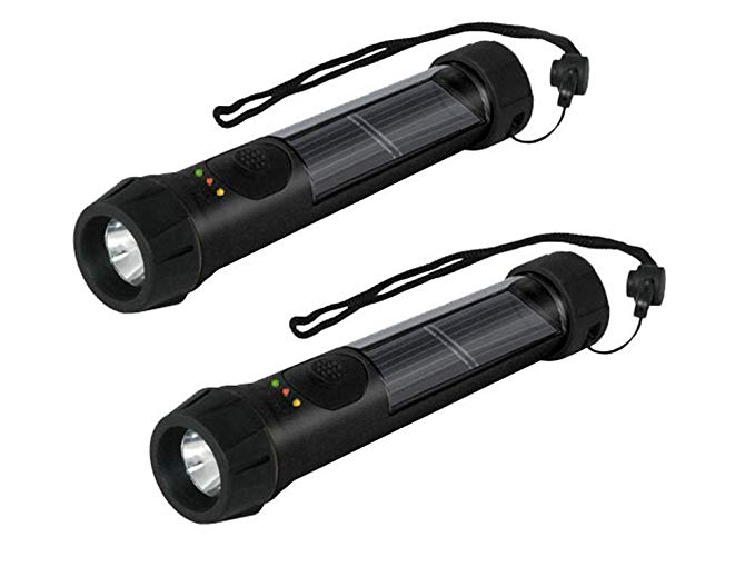 Hybrid Solar Powered Flashlight with Emergency Battery Backup - Black (2 pack)