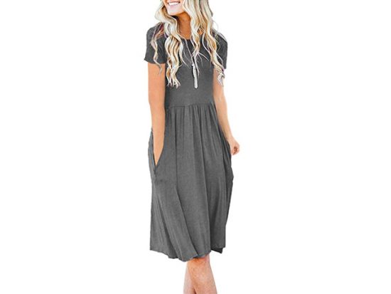 AUSELILY Women's Short Sleeve Pockets Empire Waist Pleated Loose Swing Casual Flare Dress