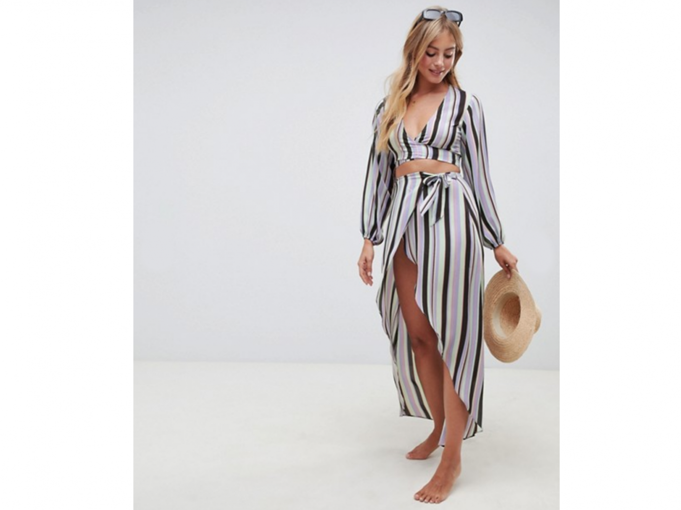 ASOS DESIGN long sleeve plunge wrap beach two-piece in stripe