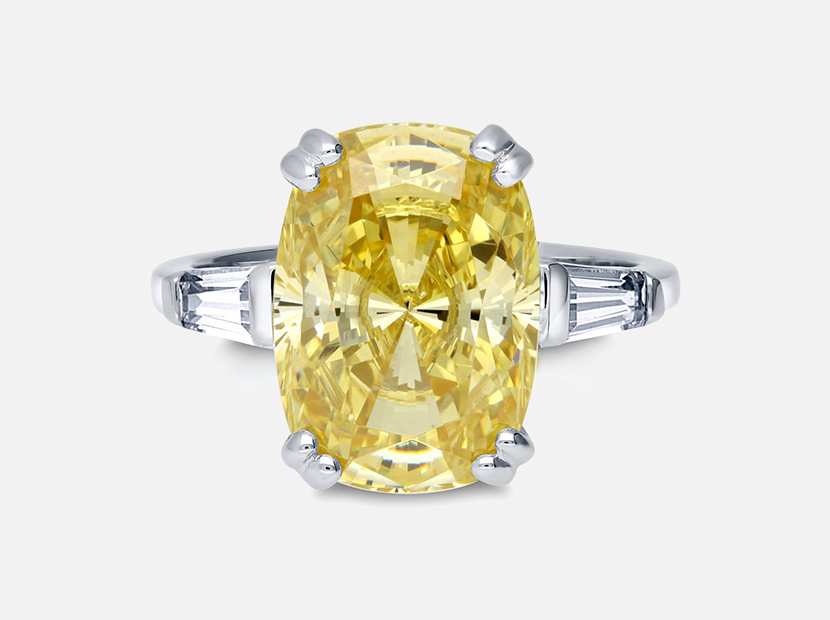 BERRICLE Rhodium Plated Sterling Silver Canary Yellow Cushion Cut Cubic Zirconia CZ Statement 3-Stone Cocktail Anniversary Fashion Right Hand Ring.