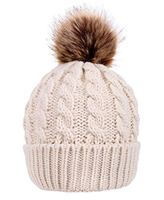 Cream colored pom pom hat