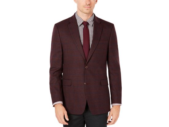 Tommy Hilfiger Men's Modern-Fit TH Flex Stretch Burgundy/Blue Windowpane Sport Coat