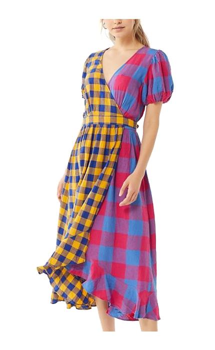 Urban Outfitters UO Anna Linen Mixed Plaid Midi Wrap Dress