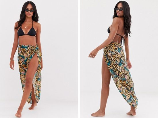 ASOS DESIGN knot front glam beach sarong in tropical animal print