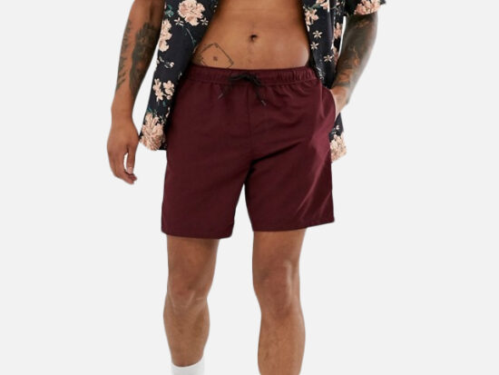 ASOS DESIGN swim shorts in burgundy mid length.