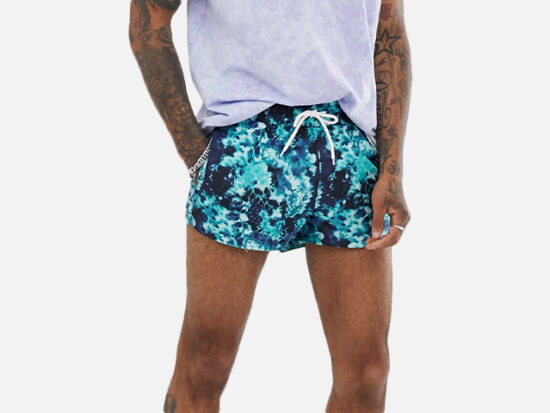 ASOS DESIGN swim shorts in navy tie dye super short length.
