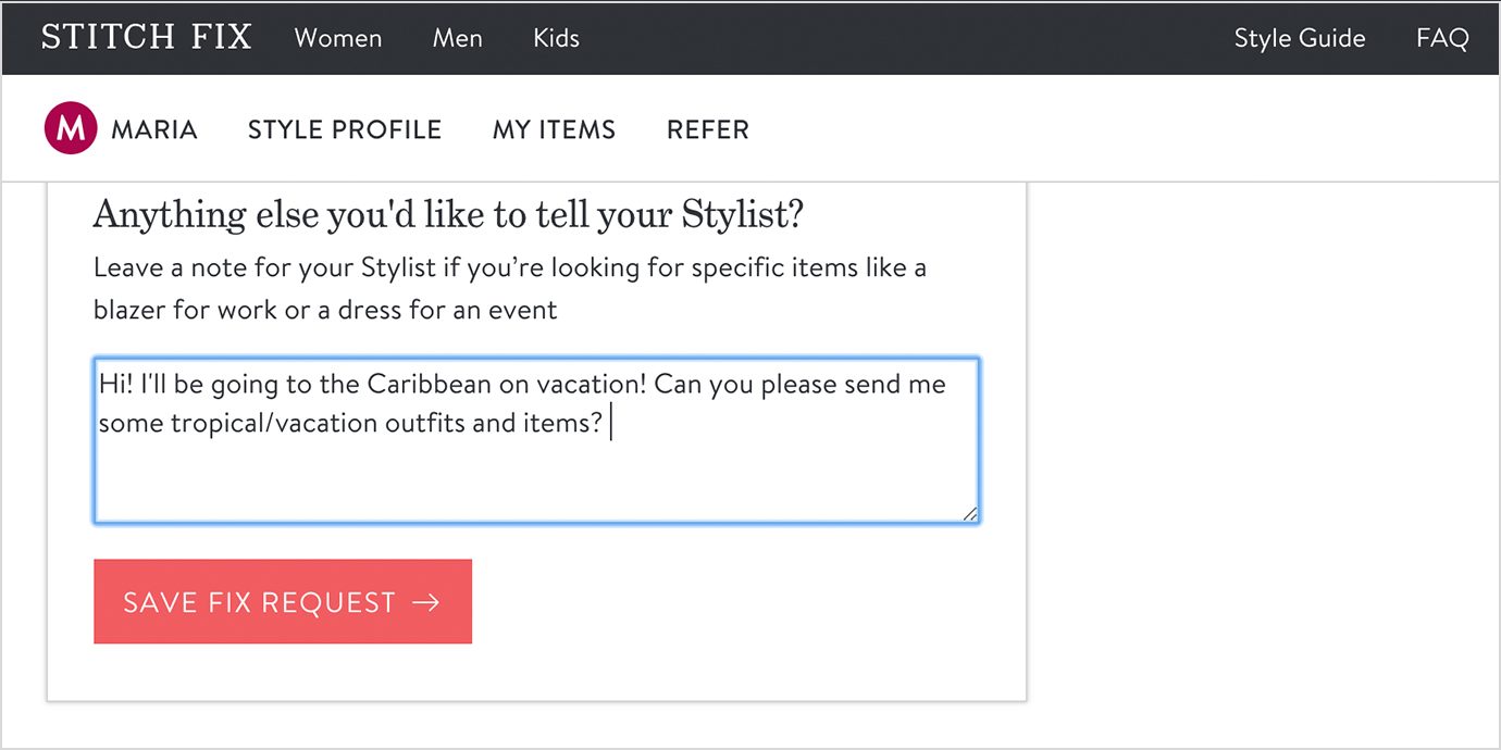 Note to Stylist on Stitch Fix.