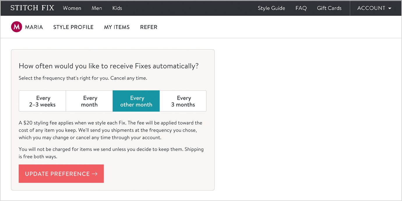 Screenshot of Changing Your Stitch Fix Frequency.