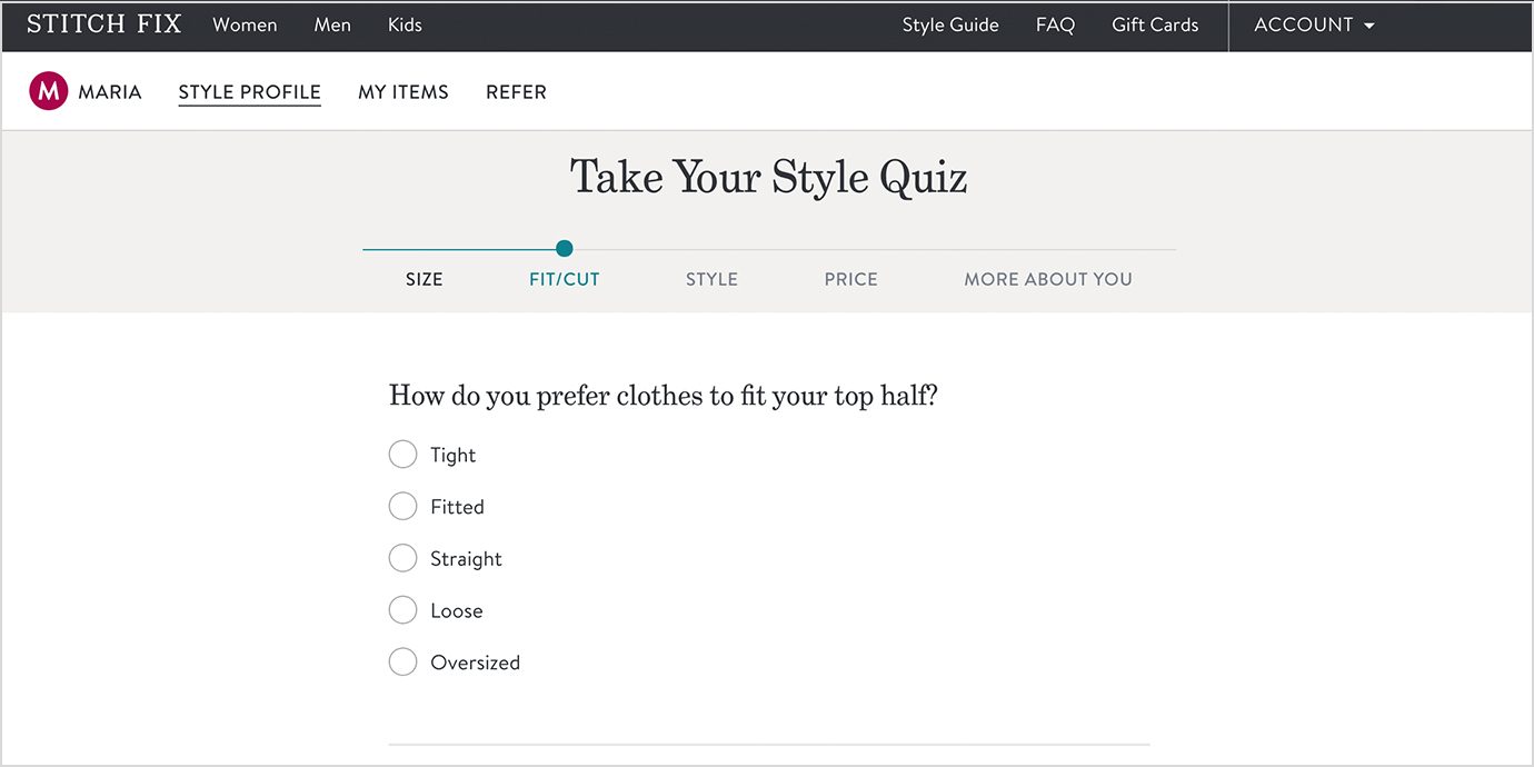 Screenshot of Taking the Stitch Fix Style Quiz.