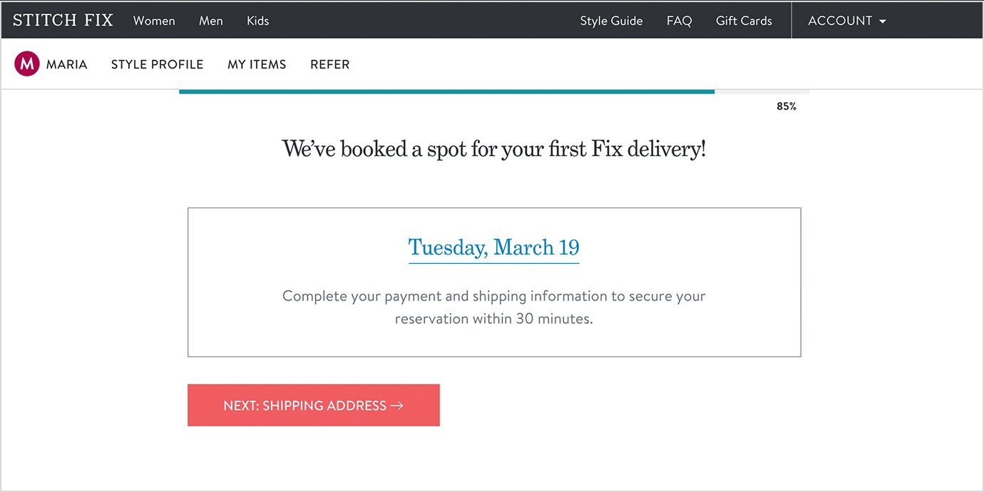 Screenshot of Stitch Fix Delivery Date Confirmation.