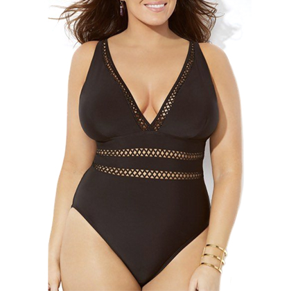 Swimsuits for All BLACK LATTICE PLUNGE ONE PIECE SWIMSUIT