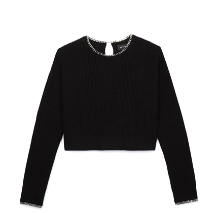 The Kooples CROPPED BLACK COTTON SWEATER WITH CHAIN DETAIL.
