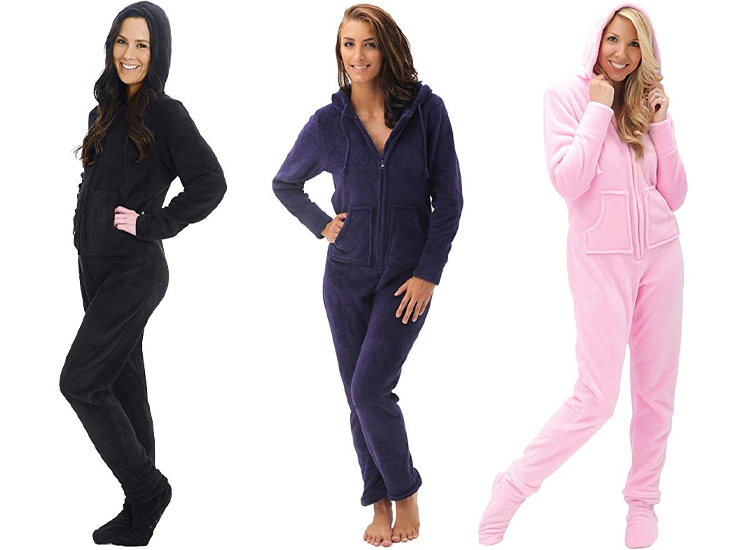 Alexander Del Rossa Womens Fleece Solid Colored Onesie, Hooded Footed Jumpsuit Pajamas.