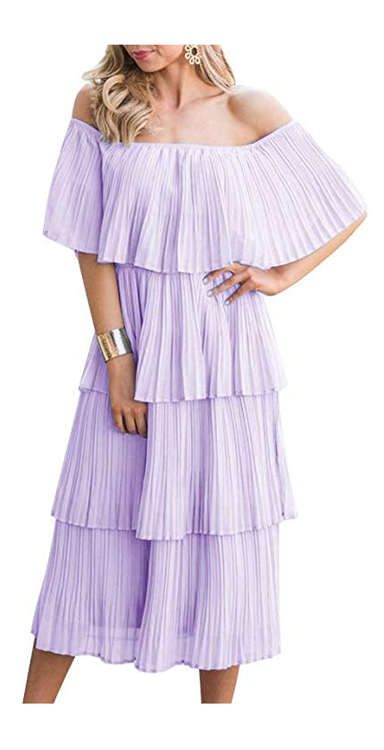 ETCYY NEW Women's Off The Shoulder Sleeveless Tiered Ruffle Pleated Casual Midi Dress.