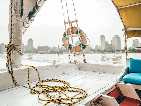 View from a boat on the Nile River in Cairo.