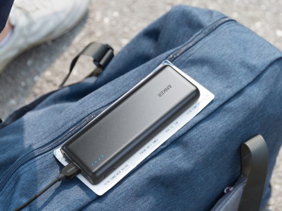 Anker Portable Charger on a bag at the airport.